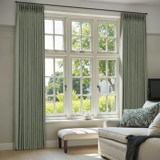 Sage Green Pinch Pleated Linen Curtains 120 Inches Long for Living Room Bedroom with Rings Hooks Clips Back Tab Semi Sheer Curtains Light Filtering Boho Farmhouse Drapes Light Green