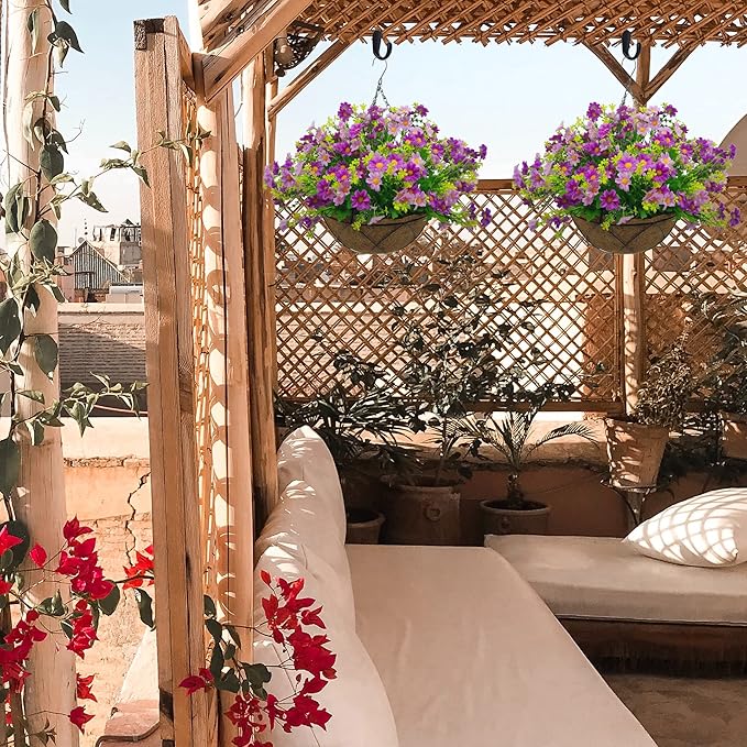 Artificial Faux Hanging Plants Flowers Basket for Summer Autumn Outdoor Outside Porch Decoration, Fake Silk Colorful Daisy Eucalyptus UV Resistant Look Real for Home Patio Balcony Yard