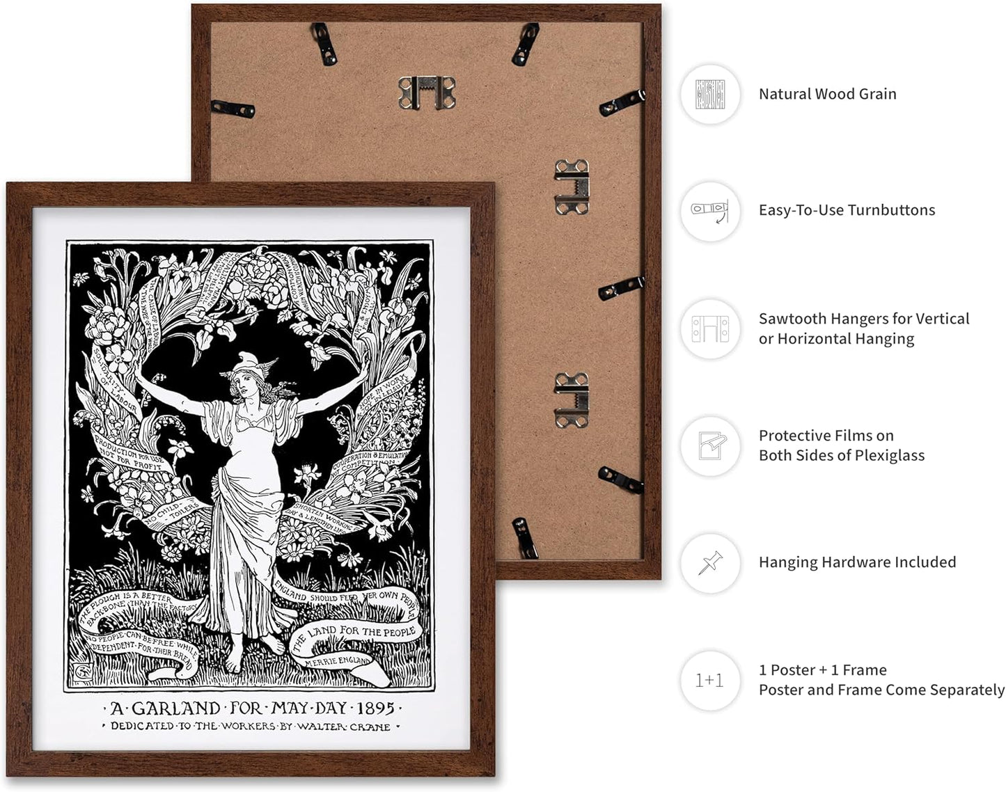 Poster Master Vintage Walter Crane Poster - Retro A Garland for May Day Print - Socialist Art - Gift for Him, Her, Men, Women - Wall Decor for Home, Office, Living Room, 8x10 Brown Framed