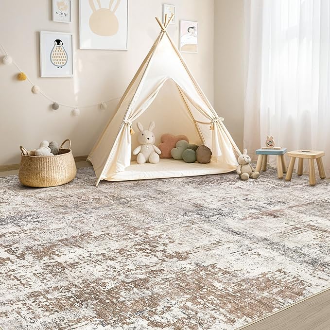 UERMEI Area Rug Living Room Rugs - Washable Neutral Modern Abstract Soft Thin Rug Indoor Floor No Slip Rug Carpet for Bedroom Under Dining Table Home Office Decor - Brown/Grey/Red - 6x9