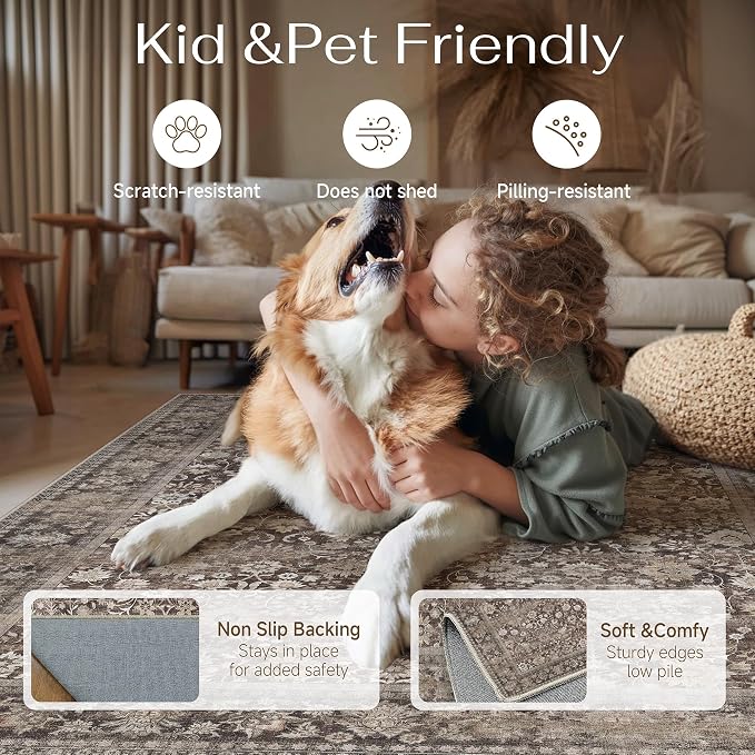 HUGEAR 6x9 Machine Washable Rugs Coffee Brown Hallway Large Area Rug Indoor Accent Rug Floral Low Pile Carpet Soft Throw Aesthetic Rug Bedroom Living Room Office Dining Room Kitchen Laundry Room