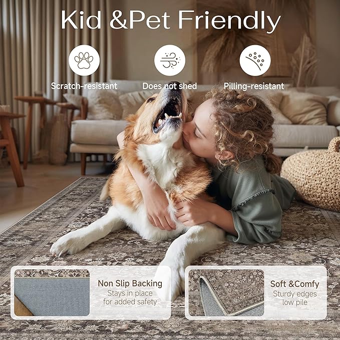 HUGEAR 5x7 Machine Washable Rugs Coffee Brown Hallway Area Rug Indoor Accent Rug Floral Low Pile Carpet Soft Throw Aesthetic Rug Bedroom Living Room Office Dining Room Kitchen Laundry Room Non Slip