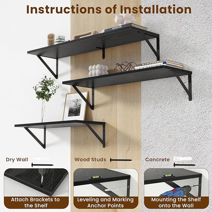 8" Deep Floating Shelves for Wall,16 inch Wood Wall Shelves Set of 2,Wide Floating Bookshelf with Sturdy Metal Brackets,Hanging Storage Floating Shelf for Living Room,Bedroom,Bathroom,Office,Black