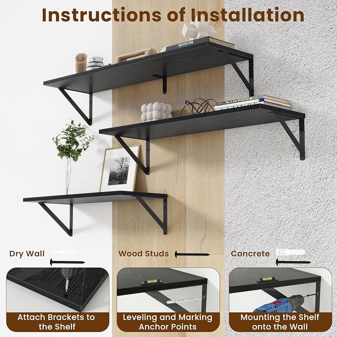 Acovy Floating Shelves for Wall,48" Wx8 D Wood Wall Shelves,Hanging Storage Floating Shelf with Metal Brackets,Wide Floating Bookshelf for Living Room,Office,Bedroom,Bathroom,Set of 2,Black