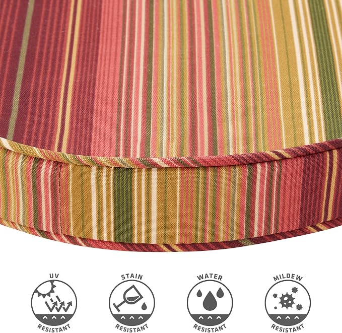 Set of 2 Outdoor 18 inch Round Patio Dining Chair Pads – Comfortable Fiber-Filled Seat Cushions with Ties, Reversible Polyester Fabric, Kinnabari Stripe