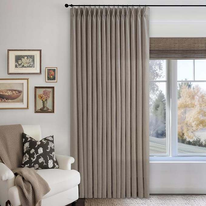 Pinch Pleated Linen 108 Inch Curtains 100 Inch Width for Living Room Divider Light Filtering Thick Taupe Linen Extra Wide Patio Curtains for Sliding Door Balcony Floor to Ceiling Window 1 Panel