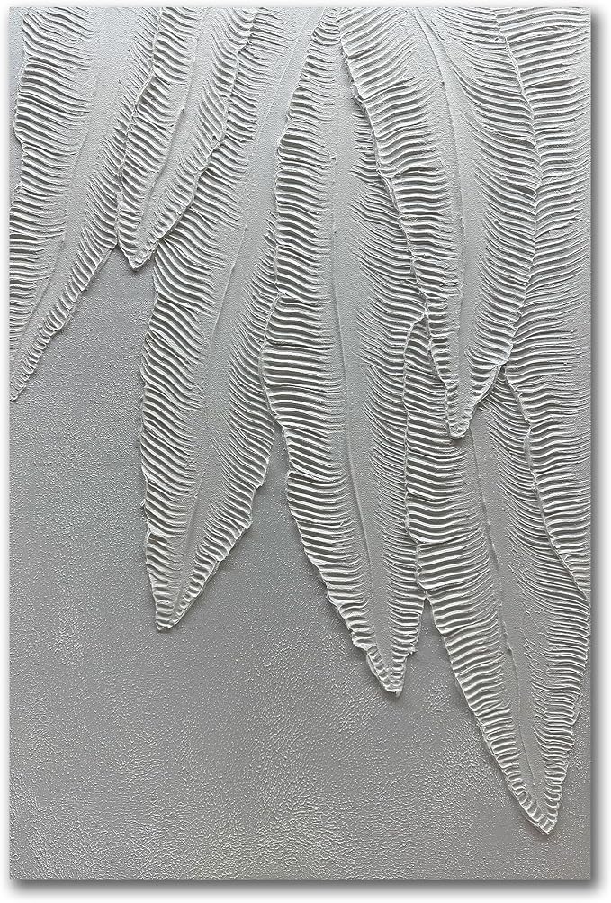 Art8YuQi Paintings - Contemporary Abstract Art leaf Oil Painting On Canvas Texture 3D White Painting Plantain Handmade Artwork Picture Canvas Wall Art Modern Home Decor living room Ready to Hang 24x36inch (36x24 inch) (AQ053, 24X36 inch)