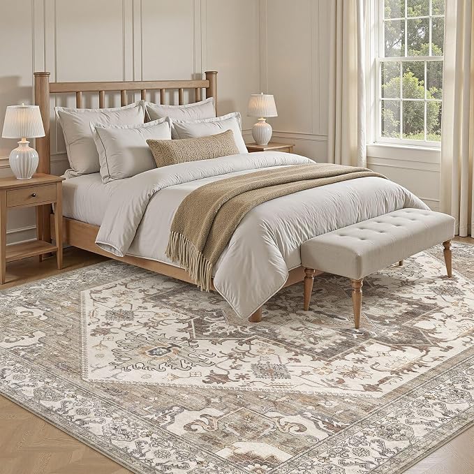 Area Rug for Living Room - 7x9 Washable Oriental Vintage Floral Large Soft Carpet - Fade Stain Resistant Non Slip Rugs for Bedroom Dining Room Nursery Dorm Office Home Decor - Beige Brown