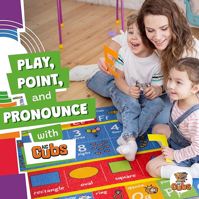 KC Cubs 5x7 ABC Alphabet, Numbers & Shapes Rug – Educational Non-Slip Play Mat Carpet for Kids, Toddlers, Nursery, Classroom, Playroom, Baby Daycare