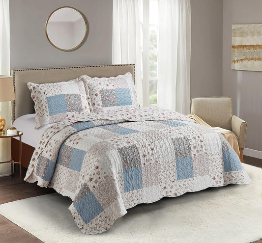 Brilliant Sunshine Pink Rose with Small Blue Check Patchwork, 3-Piece Quilt Set with 2 Shams, Reversible Bedspread, Soft Lightweight Coverlet, All-Season, Full/Queen, Pink Blue