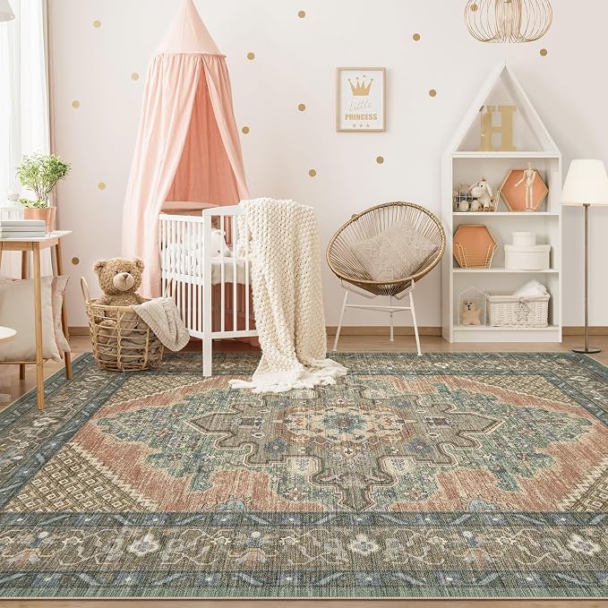 Tortania Area Rug Living Room Rugs - 5x7 Washable Boho Rug Vintage Oriental Distressed Farmhouse Large Thin Indoor Carpet for Living Room Bedroom Under Dining Table Home Office - Sage Terracotta
