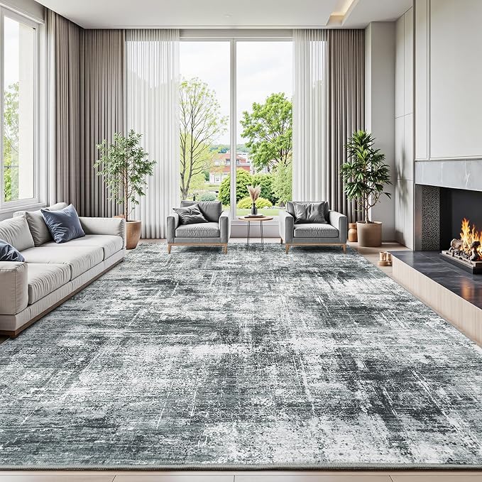 Lofus 9x12 Area Rug for Living Room, Grey Abstract Large Rugs with Non-Slip Backing, Neutral Modern Washable Carpet for Bedroom Dining Room Home Office Nursery Indoor