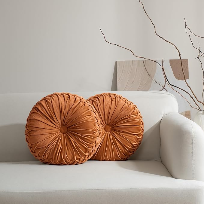 HIG Set of 2 Decorative Round Pleated Throw Pillows, Classy Accent Pumpkin Throw Pillows with Center Button, Vintage Velvet Floor Pillows for Sofa Vanity Chair Bed, Rust, 14.5" Diameter(Ripple)