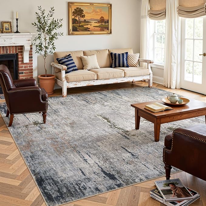 DMOYEST Area Rug Living Room Rugs - 9x12 Washable Large Soft Indoor Neutral Modern Abstract Low Pile Rug Carpet for Bedroom Dining Room Farmhouse Home Office - Blue/Grey/Brown