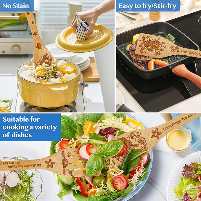 Sea Turtle Gifts for Women,8PCS Coastal Bamboo Cooking Utensil Spoon with Apron Oven Mitt Potholder for Kitchen Decor,Ocean Themed Stuff for Turtle Lovers,Mom,Easter,Housewarming,Birthday Gifts