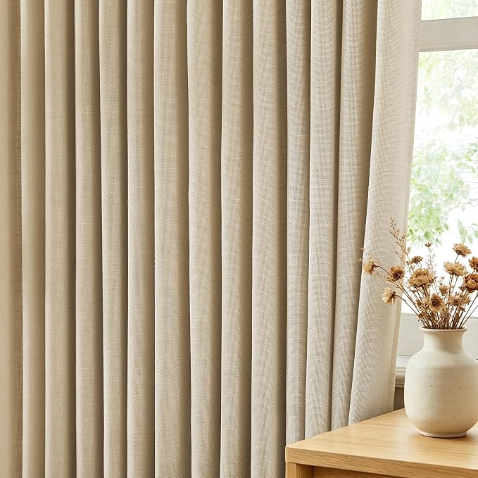 Flax Linen Curtains 102 inch Long 2 Panels for Living Room Light Filtering Memory Trained Triple Pleated Curtains with Hooks Burlap Textured Neutral Country Rustic Drapes Ceiling Floor Length 102