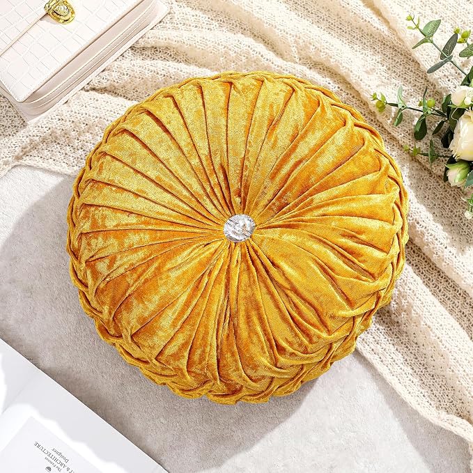 Drydiet 1 Pcs Round Throw Velvet Pillows Decorative Pleated Throw Pillows Diameter Accent Pumpkin Boho Chair Cushion for Couch Sofa Home Decoration (Velvet Gold,15'')