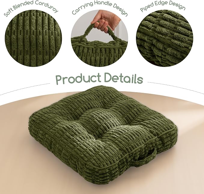 HIGOGOGO Floor Pillow Cushion for Adults, Meditation Cushion Pillow, Blended Corduroy Cover, Large Square Floor Sitting for Tatami Living Room or Yoga, 22x22 Inch, Dark Green
