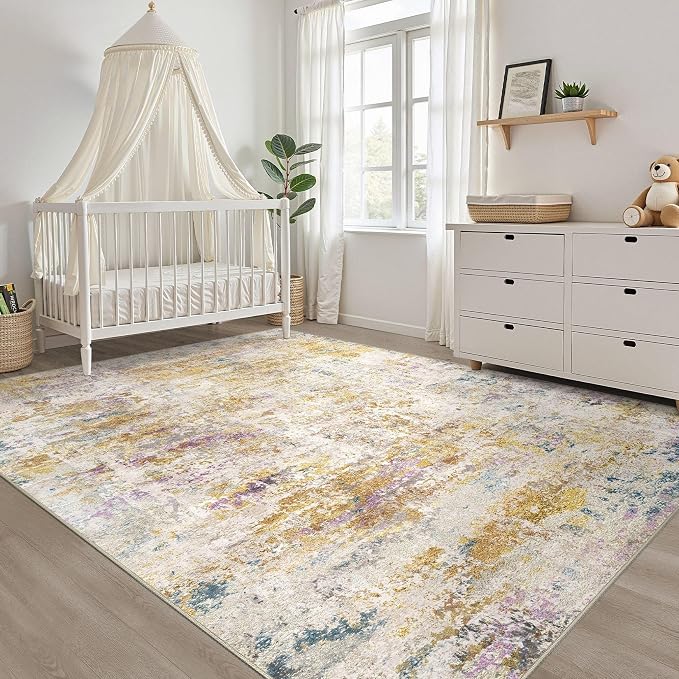 8x10 Area Rugs Living Room: Washable Large Neutral Rug Abstract Soft Modern Stain Resistant Indoor Floor Non-Slip Carpet for Bedroom Nursery Kids Classroom Playroom Dining Room- Gold Multi