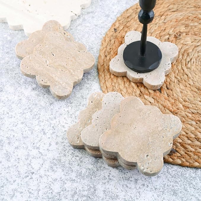 Perilla Home Travertine Coaster Scalloped Square Coaster Travertine Set of 6 Length: 4" Width: 4" Thikness: 15mm Brown