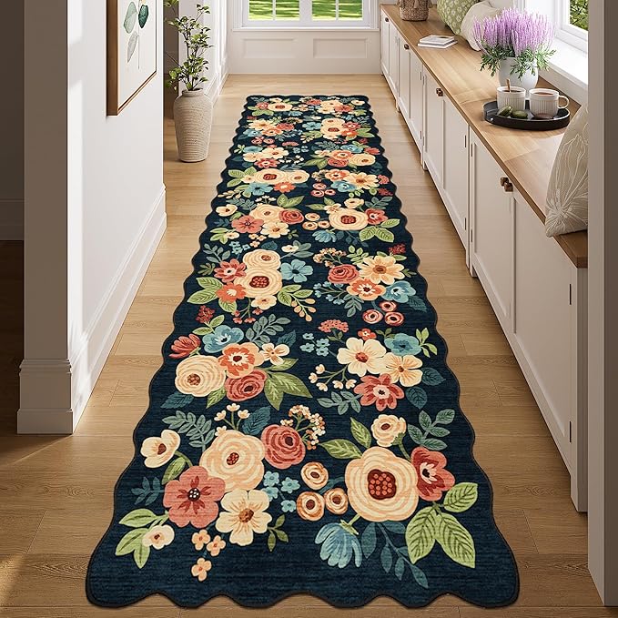 DUKINO 2x8 Washable Runner Rug, Lightweight Soft Floral Hallway Rug Runner with Low Pile Design, Non Shedding & Non Slip Backing Thin Indoor Carpet for Bedroom, Bathroom, Entrance, Kitchen, Navy Blue