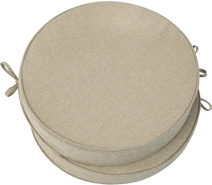 Outdoor Round Chair Cushions 18 Inch, Fade-Resistant & Water-Resistant, Bistro Chair Seat Pads for Porch Garden Balcony Patio Furniture Stools, Non-Slip Bottom, Set of 2, Natural