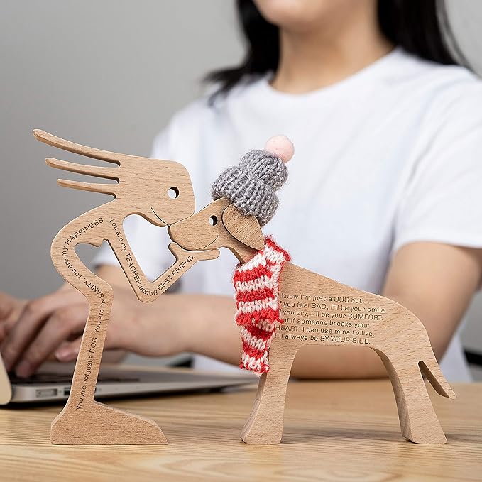 Custom Wooden Sculpture Name Engraved Human and Dog Statues
