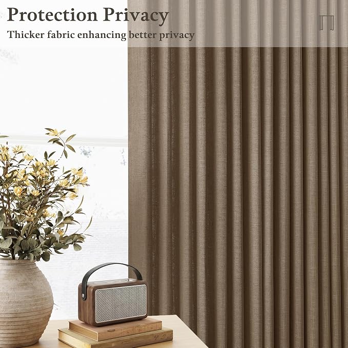 Brown Pinch Pleated Linen Curtains 90 Inches Long 2 Panels Set Light Filtering Memory Trained Rustic Boho Window Drape with Hooks Rings Dutch Cocoa Semi Sheer Patio Door Pleat Curtain W50xL90