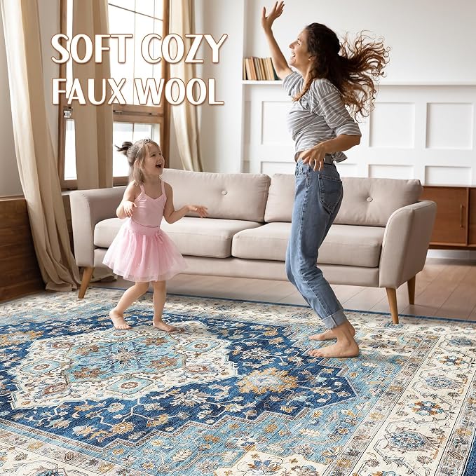 10x14 Area Rug Living Room: Washable Boho Large Neutral Vintage Soft Rugs Stain Resistant Farmhouse Non-Slip Indoor Floor Retro Carpet for Bedroom Nursery Kids Office Dining Room- Navy Beige