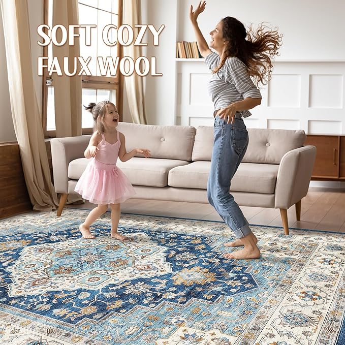 8x10 Area Rugs Living Room: Washable Boho Large Neutral Vintage Soft Rugs Stain Resistant Farmhouse Non-Slip Indoor Floor Retro Carpet for Bedroom Nursery Kids Office Dining Room- Navy Beige