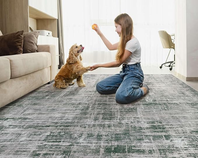 UERMEI 10x12 Washable Area Rug for Living Room: Modern Neutral Abstract Large Soft Low Pile Carpet Non-Slip Pet Kids Friendly Indoor Decor for Bedroom Dining Room Home Office Nursery Grey/Green