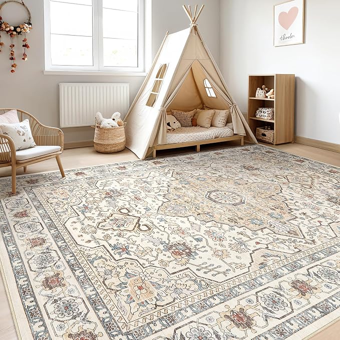 10x12 Area Rug Living Room: Washable Boho Large Neutral Vintage Soft Rugs Stain Resistant Farmhouse Non Slip Indoor Floor Carpet for Bedroom Nursery Kids Playroom Office Dining Room- Cream Blue