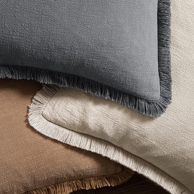 MIULEE Decorative Throw Pillow Covers Neutral Linen Fringe Throw Pillows Set of 2 Grey Boho Farmhouse Cushion Covers with Tassels for Couch Sofa Bed Living Room Spring Decor 20x20 Inch