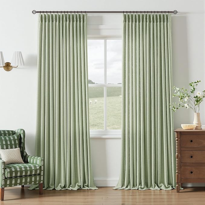 Pinch Pleated Linen Curtains 96 Inches Long Sage Light Green Semi Sheer Pinch Pleat Decorative Curtains with Hooks Rings Farmhouse Light Filtering Curtains for Living Room Bedroom 8 FT 2 Panels