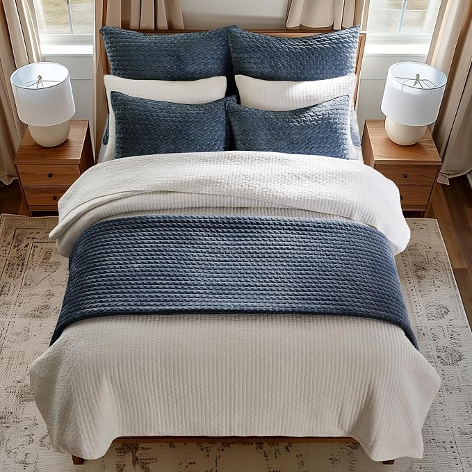 Levtex Home - Velvet Stitch Quilt Set - Full/Queen Quilt (88x92in.) + Two Standard Shams (26x20in.) - Velvet - Navy White - Reversible - Polyester