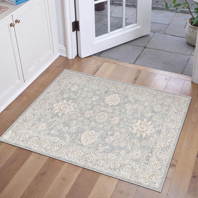2x3 Blue Cream Washable Area Rug for Entryway Neutral Floral Soft Non Slip Small Carpet Low Pile Distressed Door Mat for Entrance Bathroom Bedroom Indoor