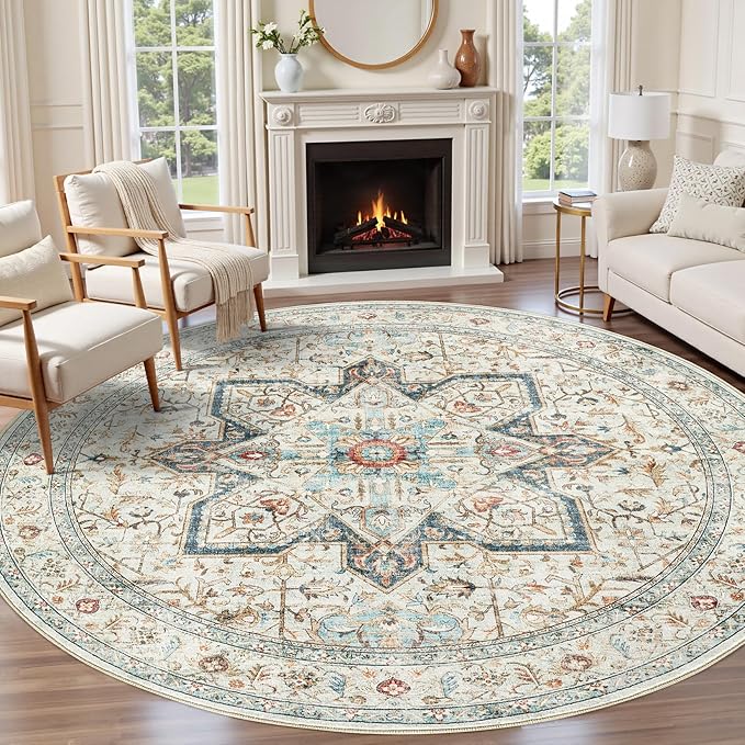 Tortania 5' Round Area Rug Living Room Rugs - Washable Boho Rug Vintage Oriental Distressed Farmhouse Large Thin Indoor Carpet for Bedroom Under Dining Table Home Office - Aqua Multi