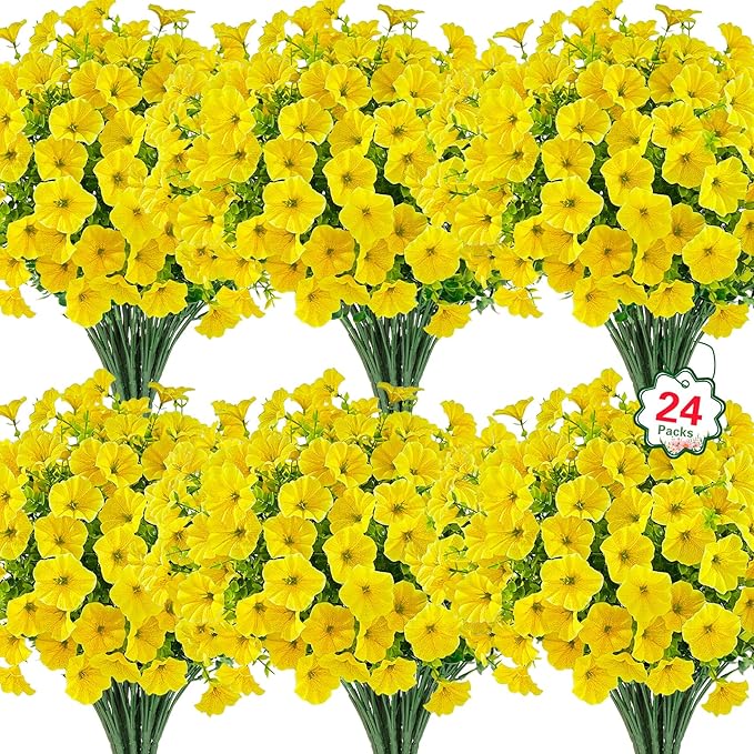 Ouddy Decor 24 Bundles Artificial Flowers for Outdoors, Fake Petunias Flowers Silk Morning Glory with Eucalyptus Faux Plants for Indoor Outside Spring Summer Yard Garden Porch Home Decor, Yellow
