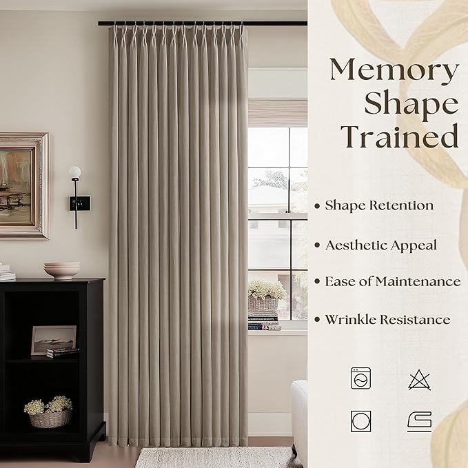 Pinch Pleat Linen Taupe Curtains 96 Inches Long 70 Inch Wide for Patio Sliding Door Light Filtering Semi Sheer Pleated Drapes Back Tab Greyish Brown Extra Wide 70 x 96 Curtain for Living Dining Room