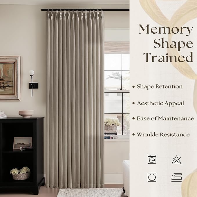 Dark Flax Curtains 102 Inches Long Pinch Pleated for Living Room 2 Panels Set Greyish Beige Pinch Pleat Drapes Back Tab Farmhouse Ceiling Floor 102 Inch Window Curtains Bedroom Burlywood Birch Taupe