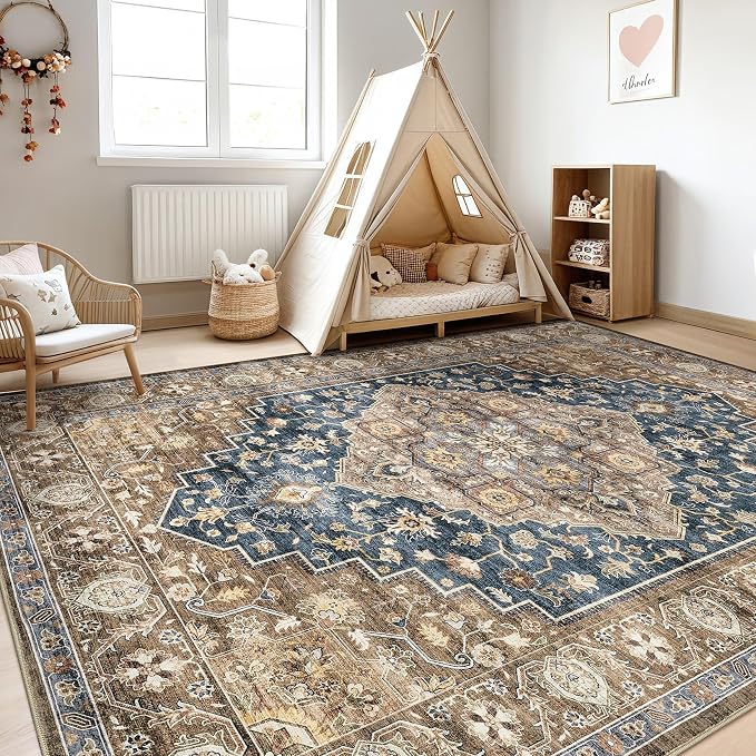7x9 Area Rug Living Room: Washable Boho Large Neutral Vintage Soft Rug Stain Resistant Farmhouse Non-Slip Indoor Floor Carpet for Bedroom Nursery Kids Office Dining Room Playroom- Yellow Blue