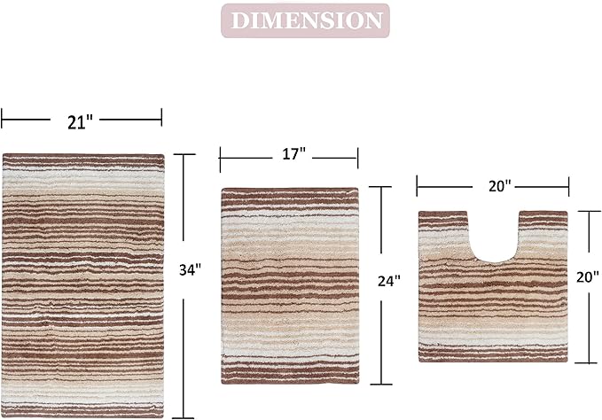 Home Weavers 100% Cotton Gradiation Collection Bathroom Décor | Washable Rug | Bathroom Mat | Kitchen Mat | Bathroom Rug Set | Bath Mat Set | Bath Floor Mat Non Slip, 3 Piece Set with Contour, Beige