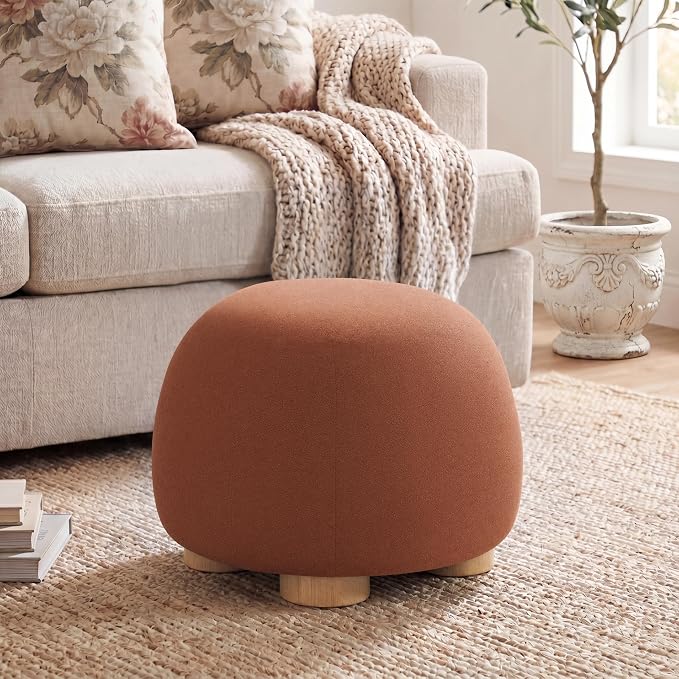 Christopher Knight Home Aria 20.08" Round Fabric Ottoman Stool, Upholstered Footrest with Foam Seat, Modern Accent Ottoman with Wood Legs, Small Footrest for Entryway Living Room, Rust