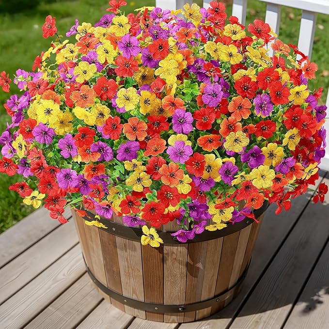 Alupssuc 24 Bundles Artificial Flowers for Outdoors Decoration, UV Resistant Silk Faux Floral Spring Summer Fake Plastic Plants Greenery for Outside Indoor Home Porch Window Box Decor, Mix 4 Colors