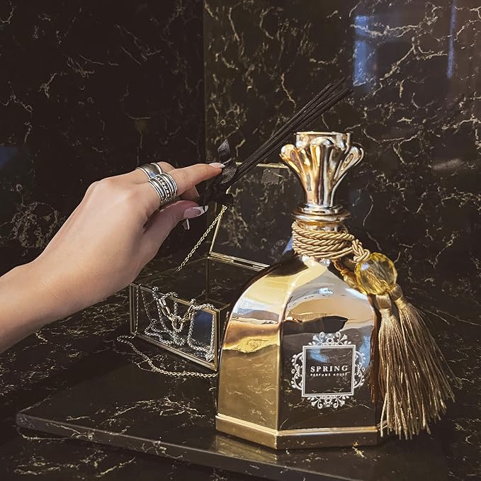 SPRING Fragrance Gold Reed Diffuser Set, Extra Large 10.14 Oz (300ml), Fragrance Made in France, Jasmine, Lily of The Valley, Tuberose, Air Fresheners for Home/Luxury Diffusers for Home