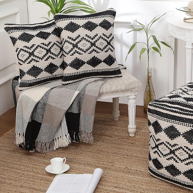 REDEARTH Handmade Boho Throw Pillow Covers - Bohemian Chic Farmhouse Style - Accent Woven Indoor and Outdoor Pillow Cushion Cases for Couch - Bed - Chair - Sofa - Benches – Set of 2-18"x18" - Black