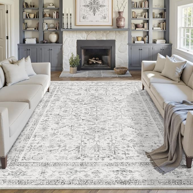 PureCozy Grey 8x10 Area Rug Vintage Washable Living Room Carpet Non Slip Bedroom Indoor Office Low Pile Large Traditional Distressed Retro Accent Rug for Dining Room Bathroom Kitchen