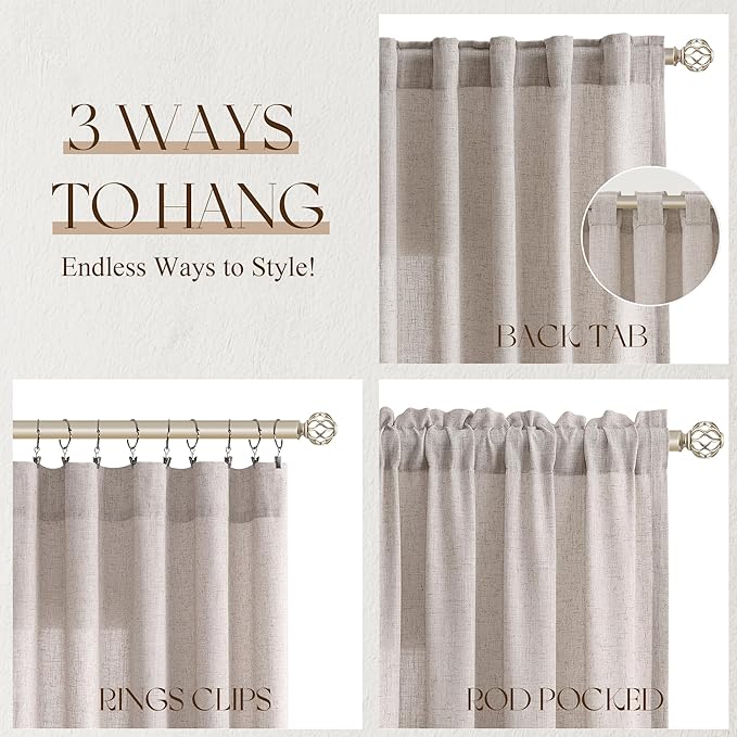 Jowels Oatmeal Linen Curtains 108 Inch Long 2 Panels for Living Room | Light Filtering Semi Sheer Curtain, Back Tab Pocket Pleated Look, Boho Farmhouse Textured Privacy Drapes for Bedroom Window