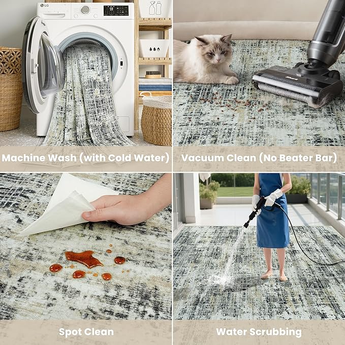 10x12 Area Rugs for Living Room Washable Rug: Anti-Skid Abstract Modern Living Room Rug Soft Thin Carpets Indoor Floor Non-Shedding Carpet for Bedroom Dining Farmhouse Nursery Black Gray Gold