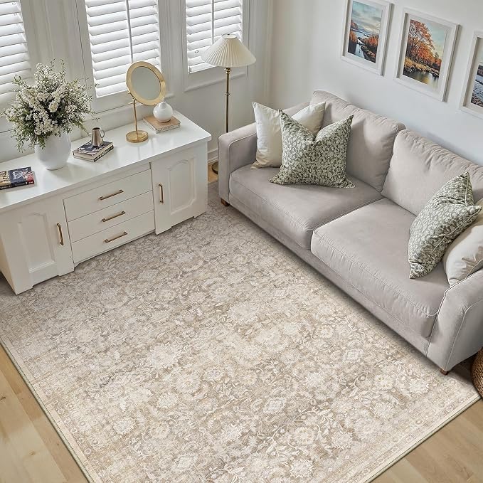 3x5 Beige Washable Neutral Area Rug for Entryway Vintage Non Slip Soft Thin Throw Rug Floral Traditional Stain Resistant Carpet Playroom Bedroom Kitchen Laundry Room Office Under Table
